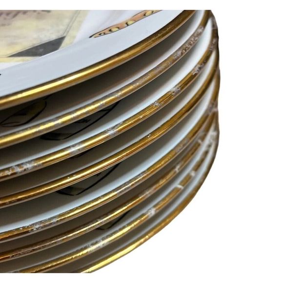 Rosanna Chateau Haut Bages & Lafaurie-Peyraguey 8 Plate Set 7” Italy Gold Rim - Picture 6 of 14